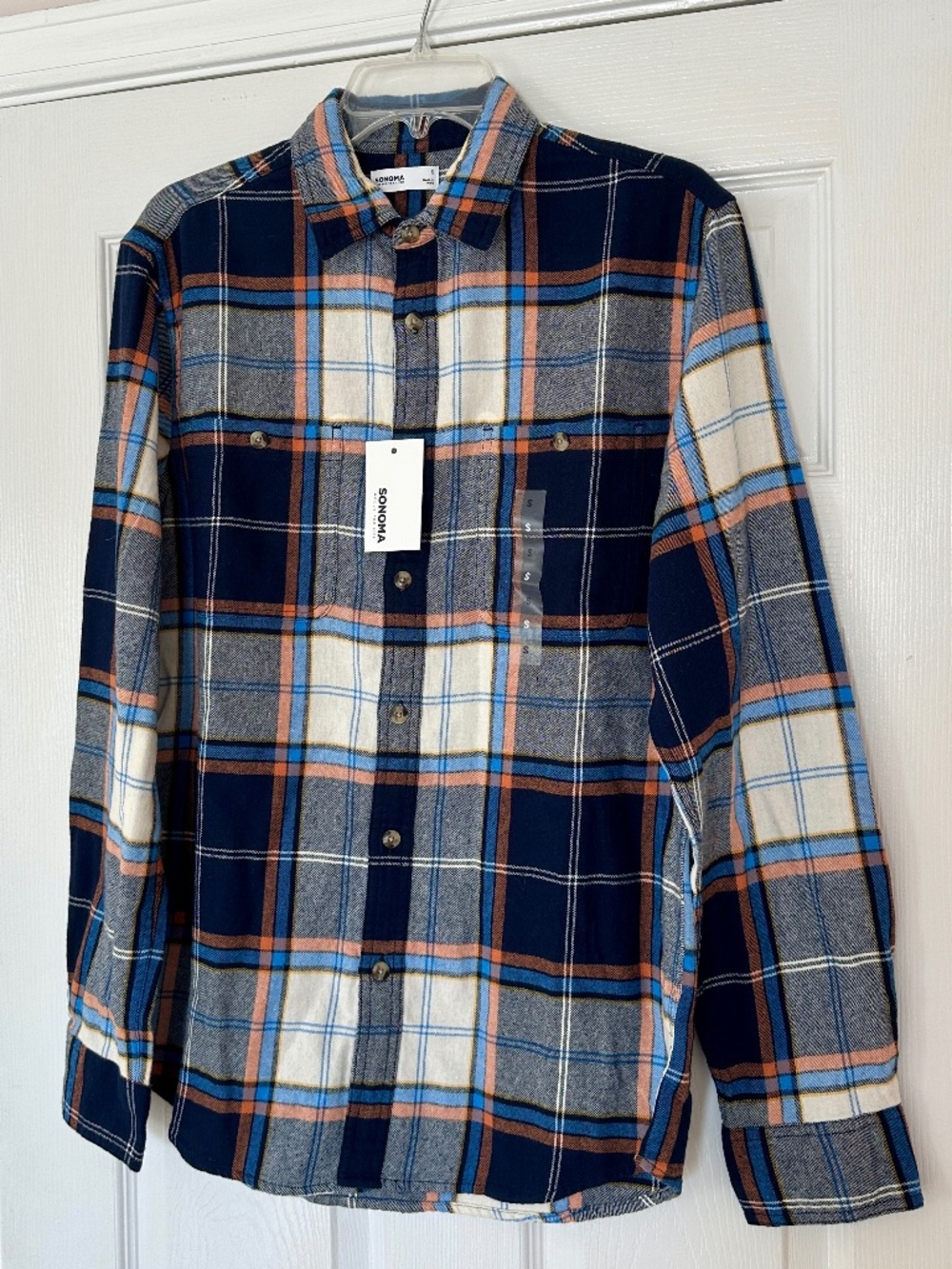 NWT Men's Flannel Shirt Size Small Plaid Navy Orange